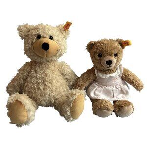 Vintage Steiff Teddy Bear Duo 11" & 9.5" Plush Collectibles W/ Pink Dress